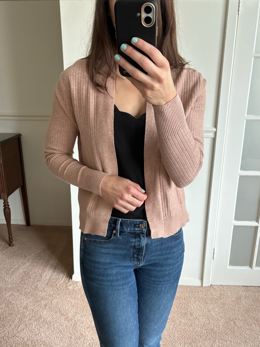 Women's Pink Ribbed Open-Front Sweater Cardigan